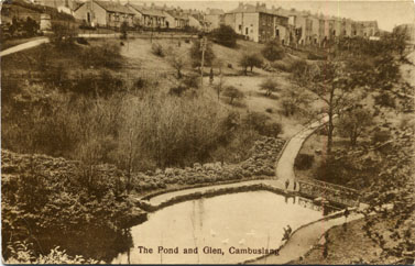 The Pond in Public Park, the War Memorial, which stands at the end of Mansfield Avenue, can be seen top left - Card dated 1928